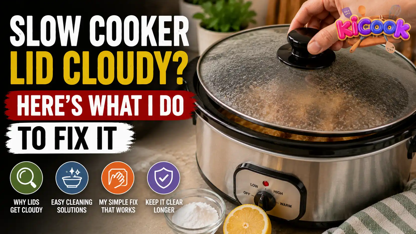 Realistic blog thumbnail showing a slow cooker with a cloudy glass lid, cleaning ingredients, and text about fixing cloudy slow cooker lids easily at home.