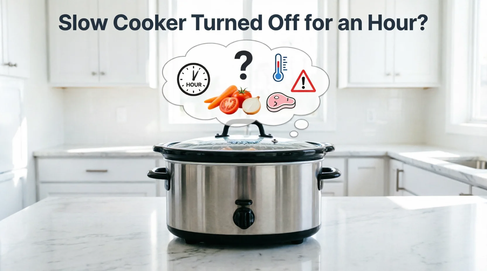 Stainless steel slow cooker on marble countertop with thought bubble showing clock, question mark, thermometer, warning sign, and food items including vegetables and meat, text 'Slow Cooker Turned Off for an Hour?