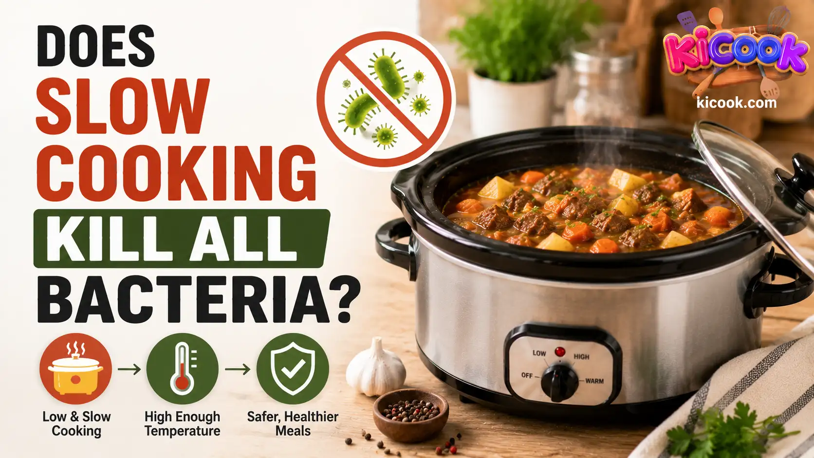 Realistic blog thumbnail showing a steaming slow cooker with stew, bacteria warning symbol, and text asking whether slow cooking kills all bacteria safely.
