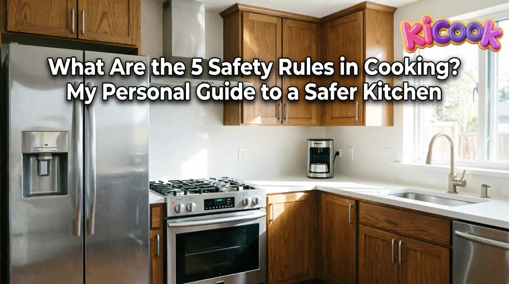 Modern kitchen with wooden cabinets and stainless steel appliances featuring text overlay 'What Are the 5 Safety Rules in Cooking? My Personal Guide to a Safer Kitchen' with KiCook logo