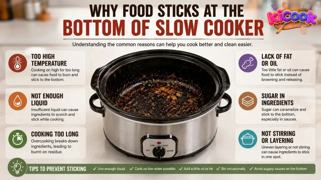 Realistic infographic showing a burnt slow cooker with common reasons why food sticks at the bottom, including high heat, low liquid, sugar buildup, and overcooking.