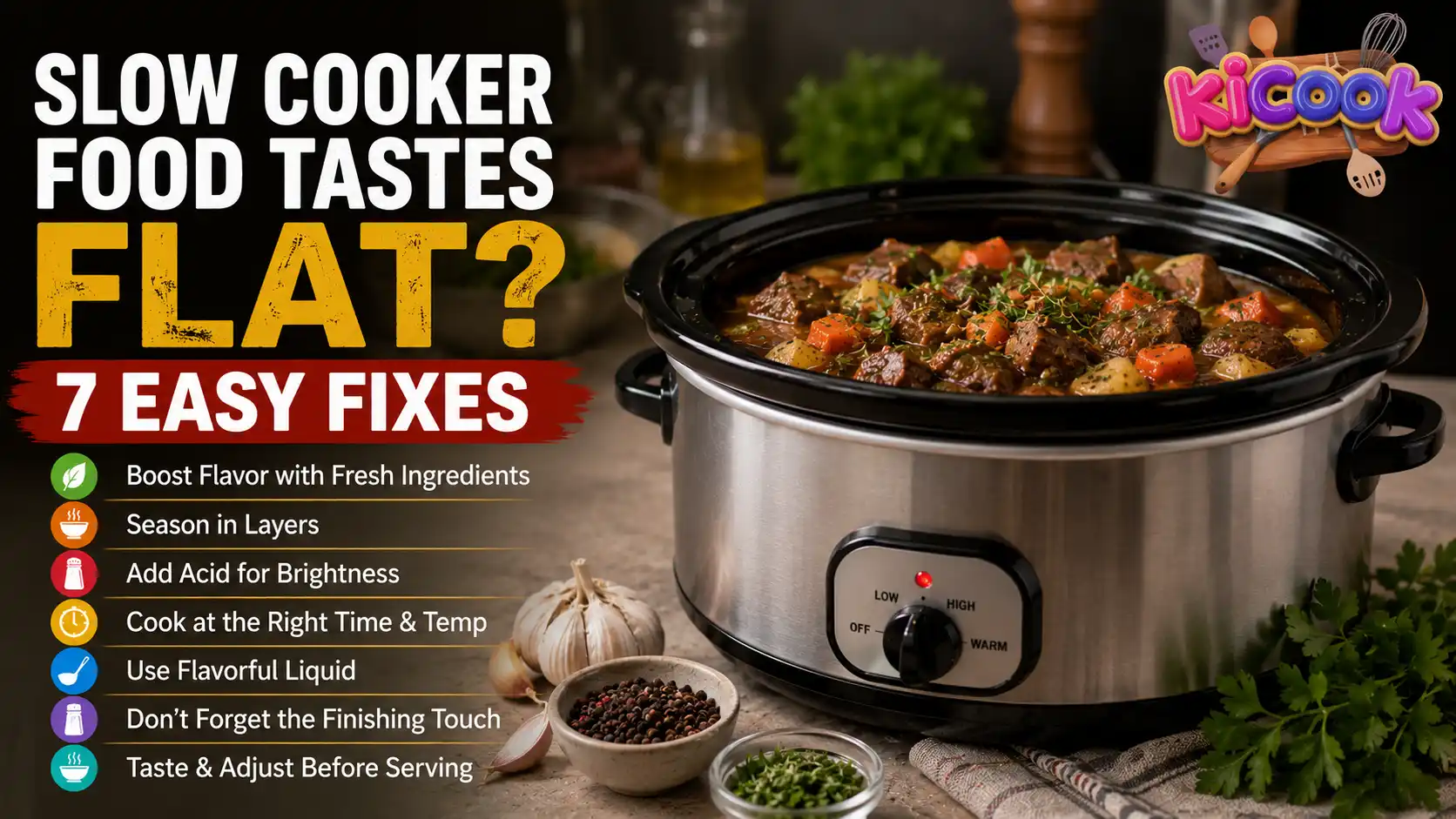 Realistic blog thumbnail showing a slow cooker filled with beef stew and vegetables beside seasoning ingredients, with text about fixing flat-tasting slow cooker food using 7 easy flavor tips.
