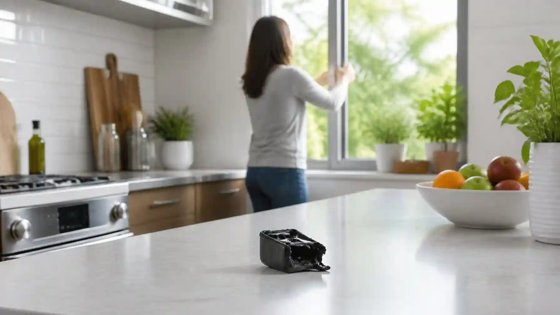 A person opening a kitchen window to let fresh air in after a burnt plastic item was on the countertop near the stove.