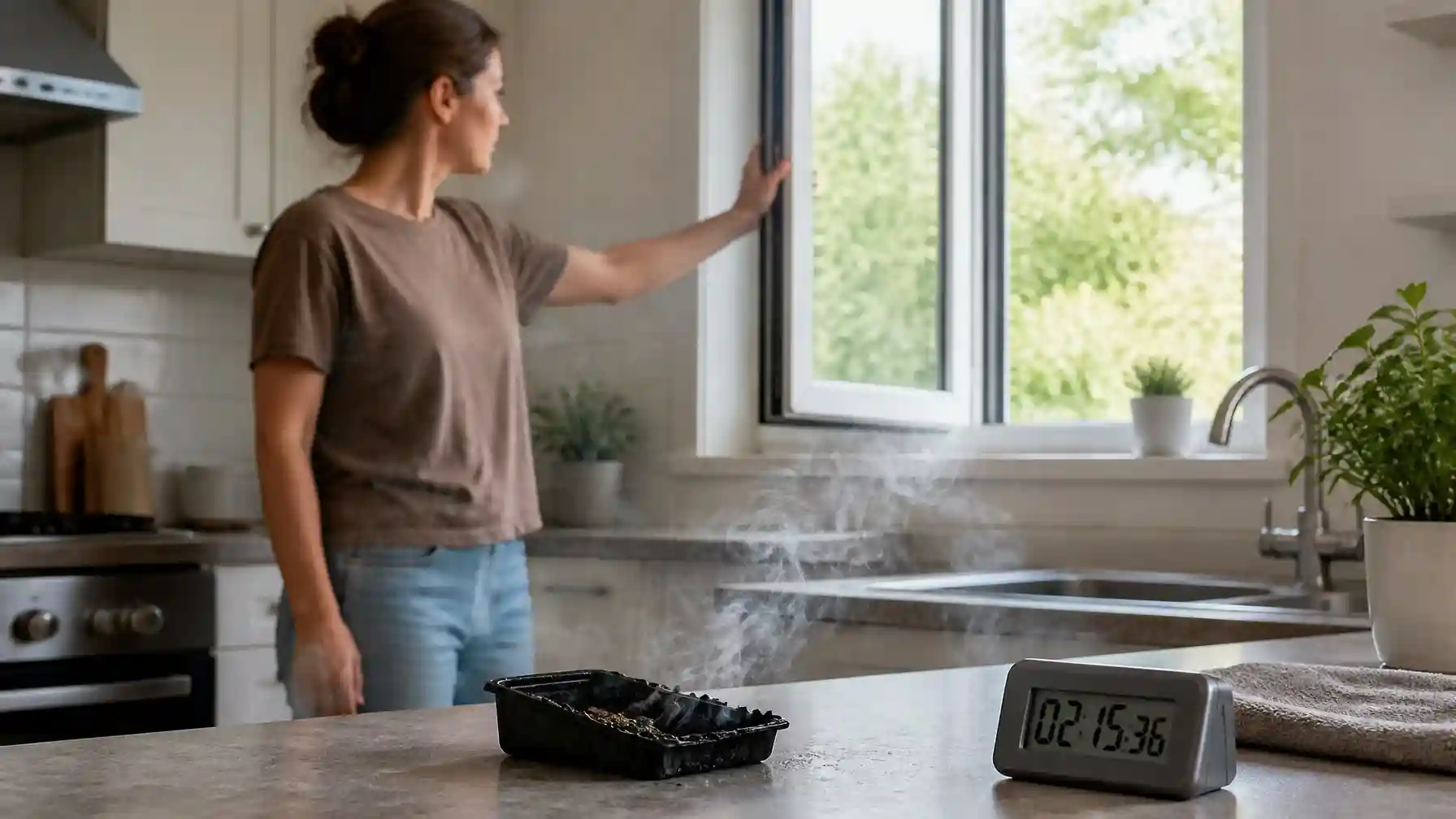 A person opening a window in a kitchen with smoke rising from a burnt plastic item on the countertop.