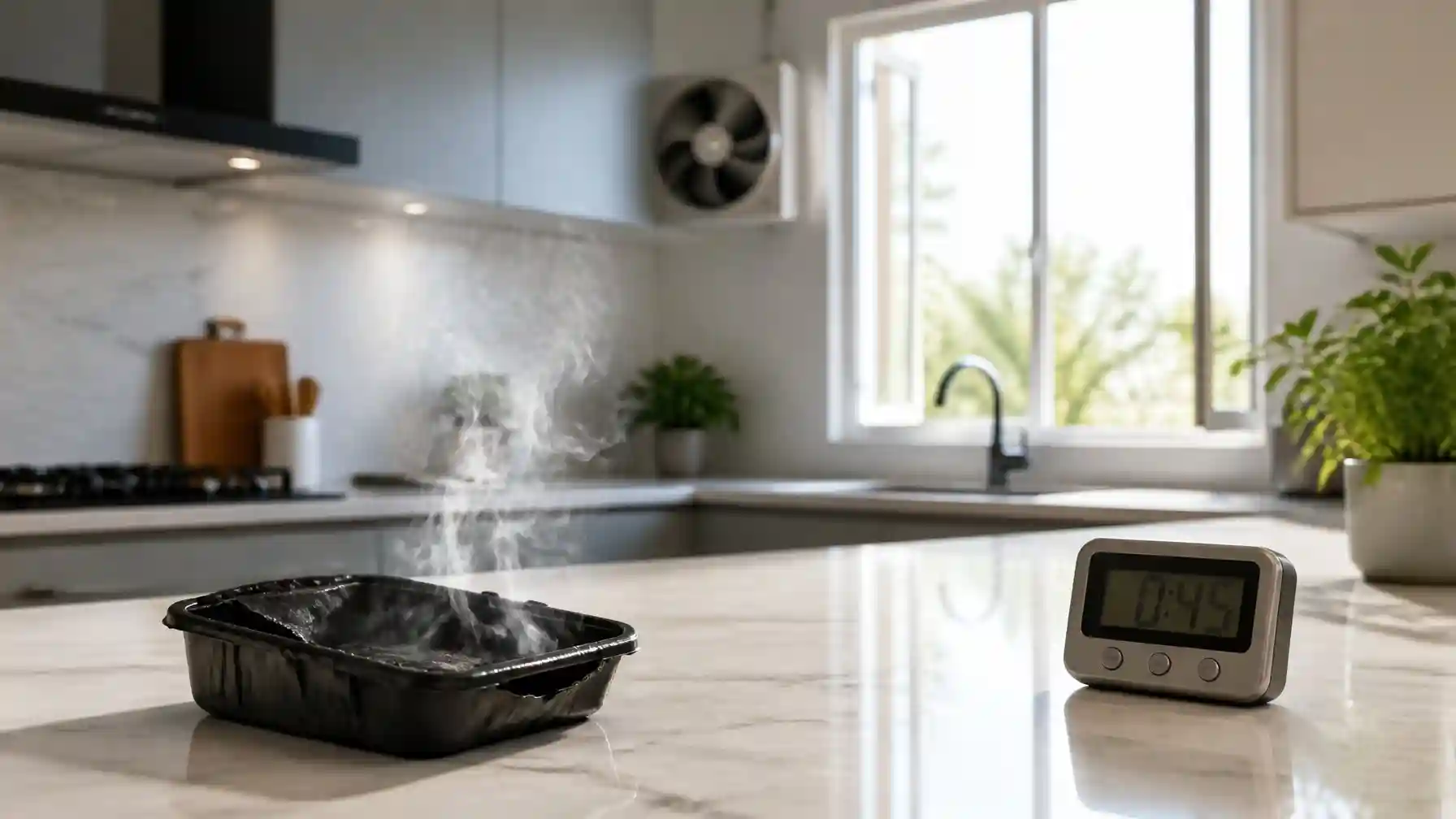 A modern kitchen with a small burnt plastic item emitting faint smoke, a digital timer showing elapsed time, and an open window indicating fresh air circulation.