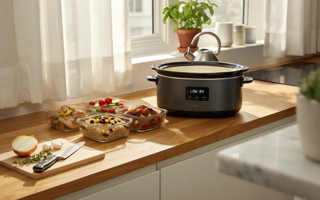 A modern kitchen countertop featuring a digital slow cooker