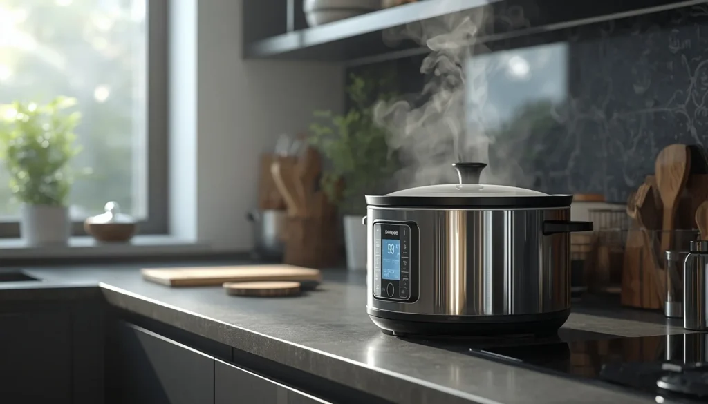 A modern kitchen countertop featuring a stainless steel slow cooker