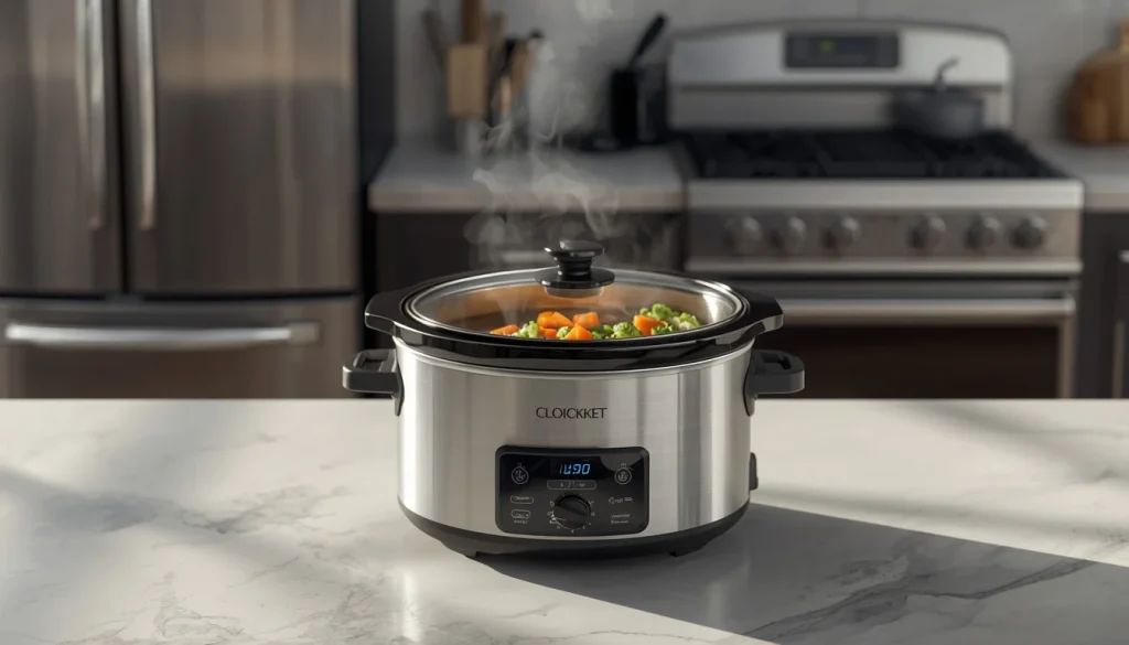A modern slow cooker sitting on a clean kitchen