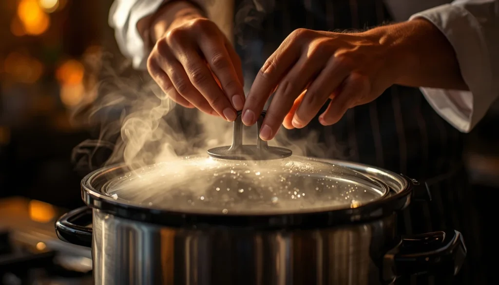 Close-up of professional chef hands lifting the lid of a steaming slow cooker