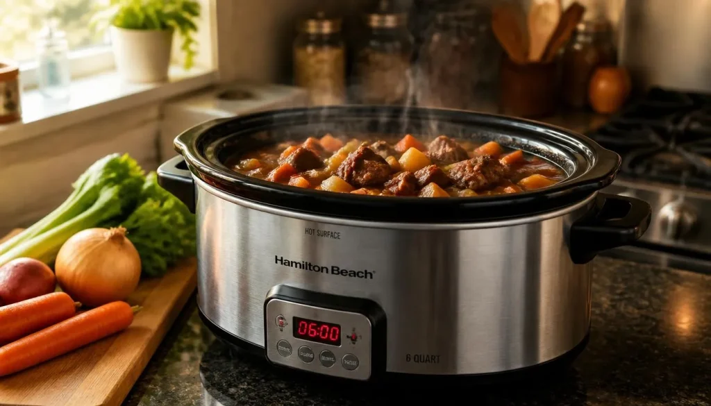 Crock pot warming a fresh stem on a kitchen counter 