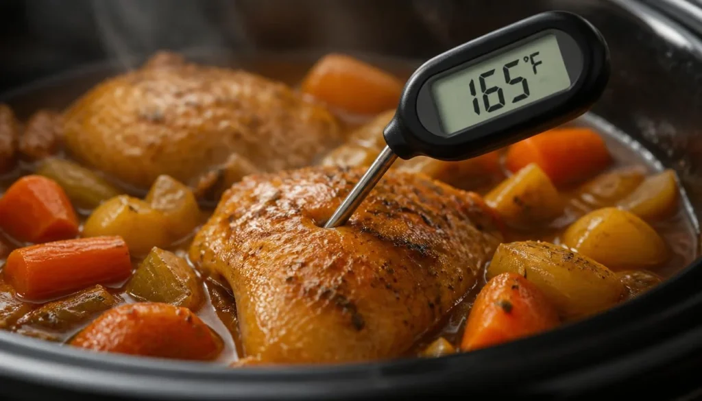 Digital thermometer confirming safe temperature in slow cooker chicken 