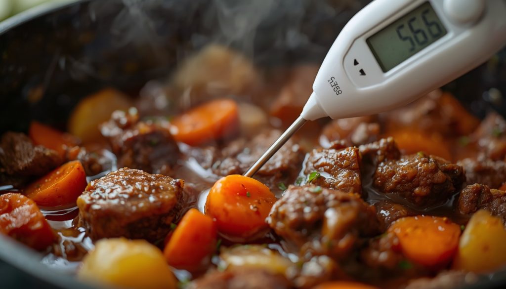 Finished slow cooked stew at a safe serving temperature 