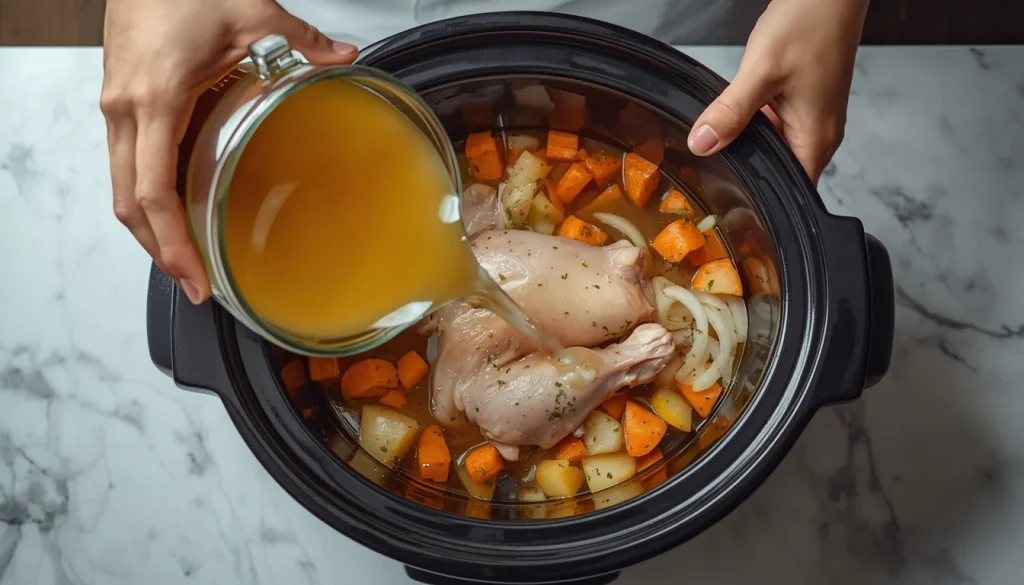Home cook adding hot stock to a crock pot 