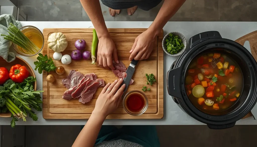 Home cook arranging vegetables, meat, and measured