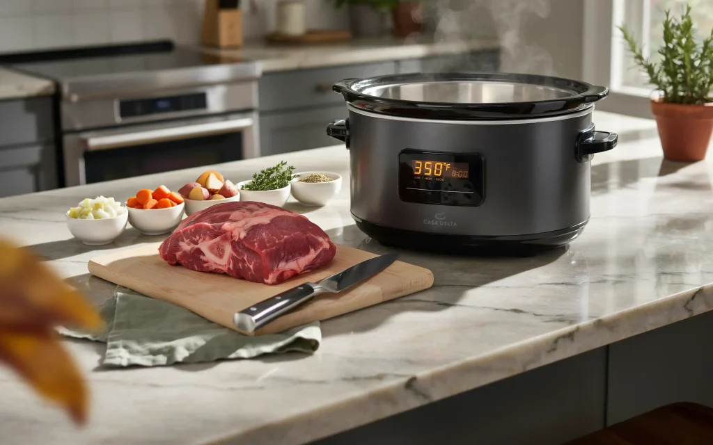 A modern kitchen countertop featuring a digital crock pot