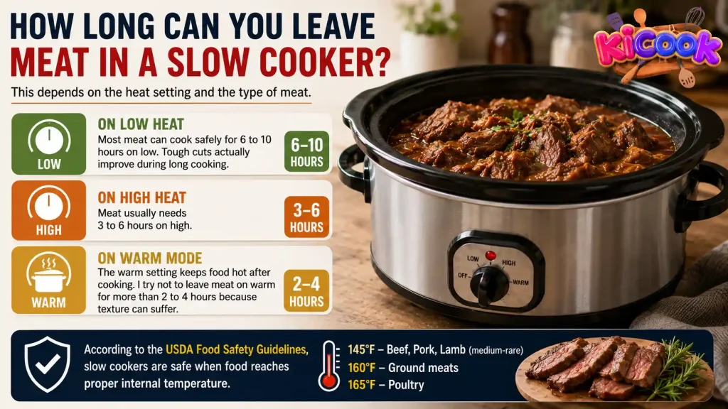 Realistic infographic showing cooking times for meat in a slow cooker on low, high, and warm settings, alongside USDA food safety temperature guidelines.