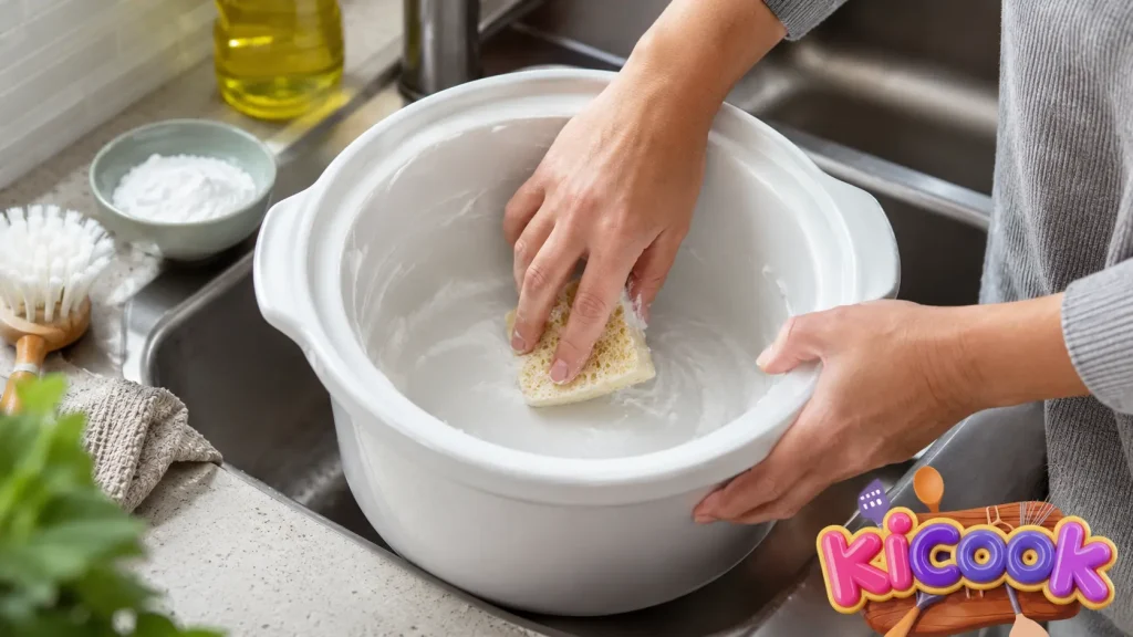 Hands deep-cleaning a white ceramic slow cooker insert with a sponge and baking soda paste in a kitchen sink, with the KiCook logo in the corner.