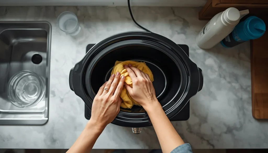Overhead action shot of hands cleaning a slow cooker