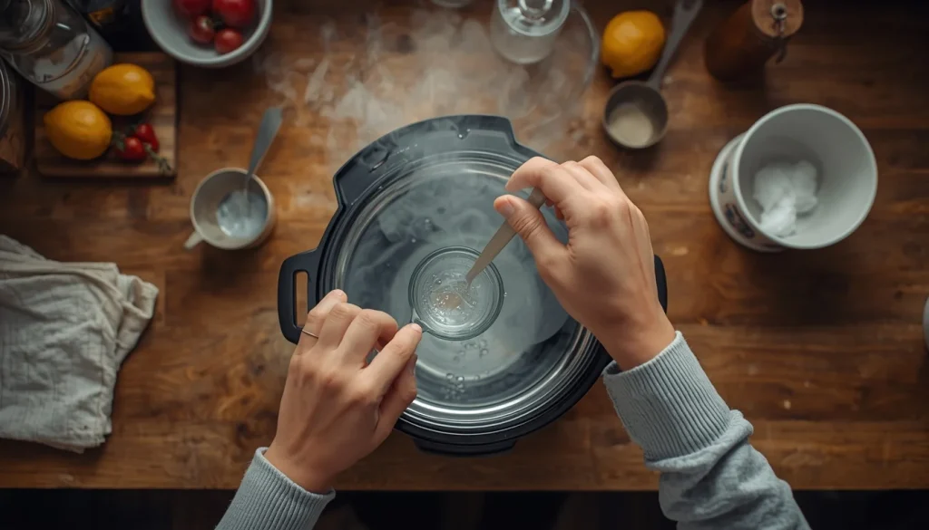 Overhead view of a person preparing a slow cooker