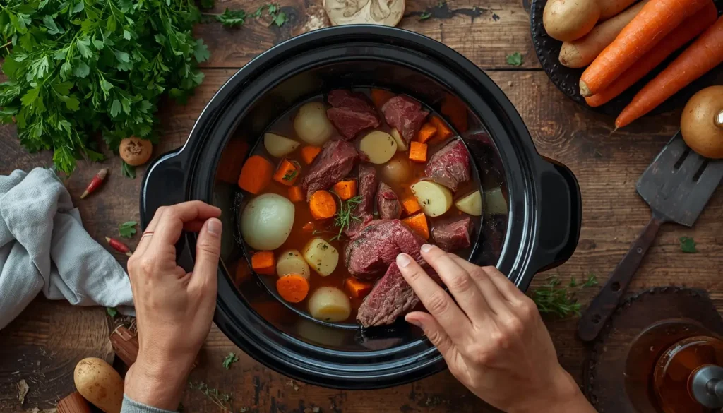 Overhead view of hands adding beef chunks