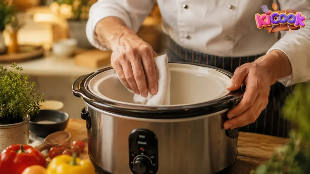 Close-up of a chef’s hands inspecting and gently wiping the ceramic insert of a stainless steel slow cooker in a warm, softly lit kitchen, with a KiCook logo in the corner.