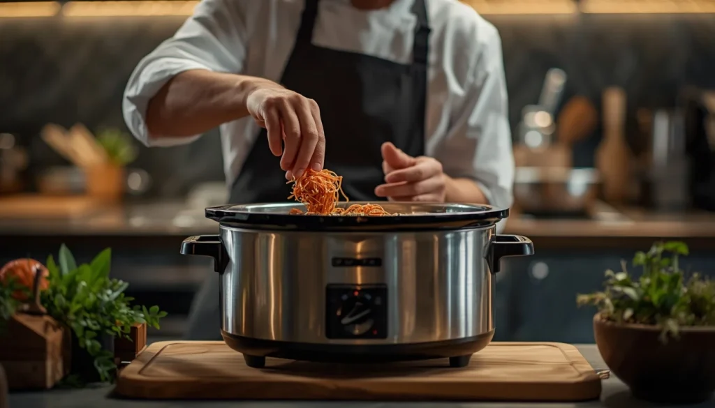 Professional chef adjusting ingredients inside a premium slow cooker