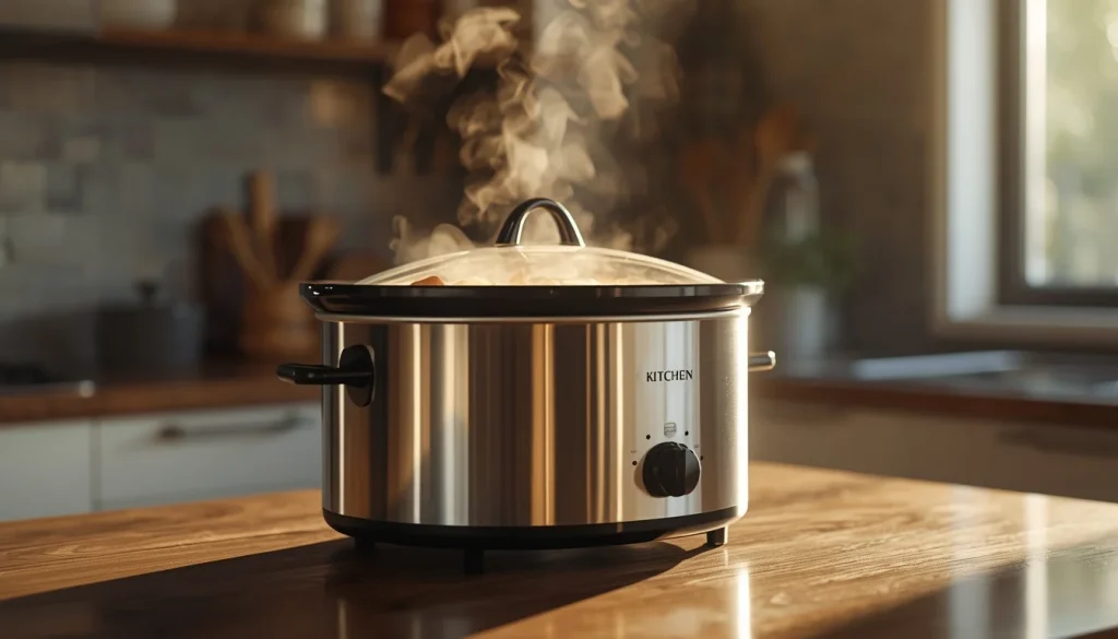 Realistic modern kitchen, stainless steel crock pot