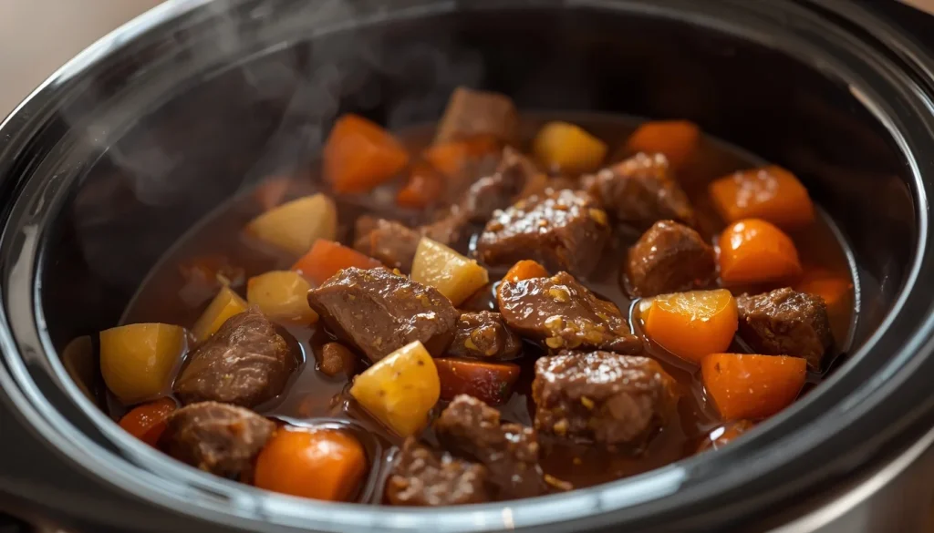 Safe finished slow cooker stew served with thermometer nearby