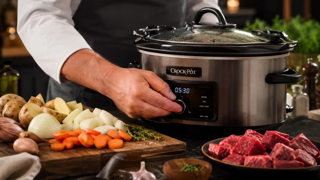 Slow cooker prep in a cozy kitchen