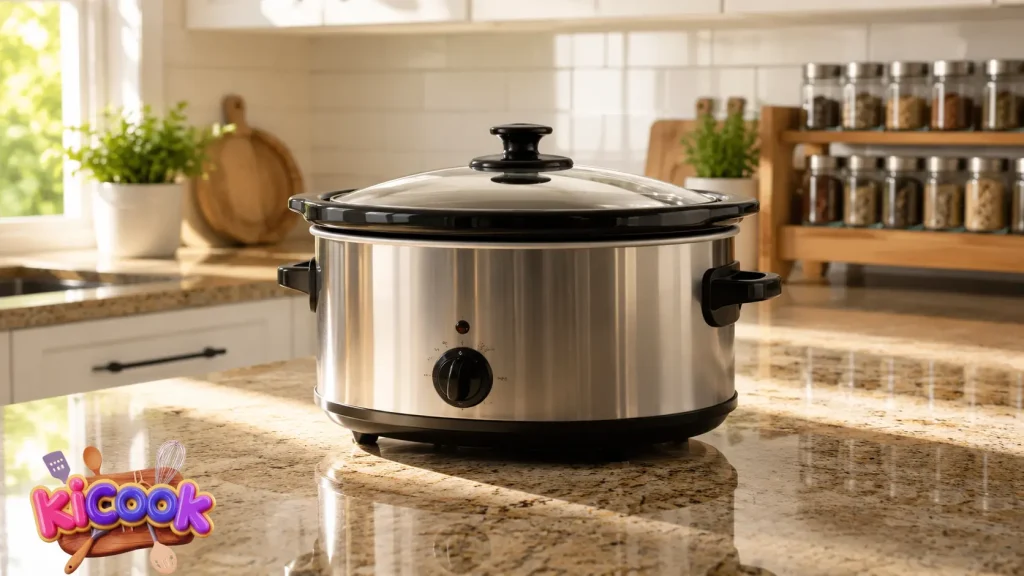 Clean stainless steel slow cooker on a granite countertop in a bright modern kitchen with organized spice jars and natural morning sunlight.