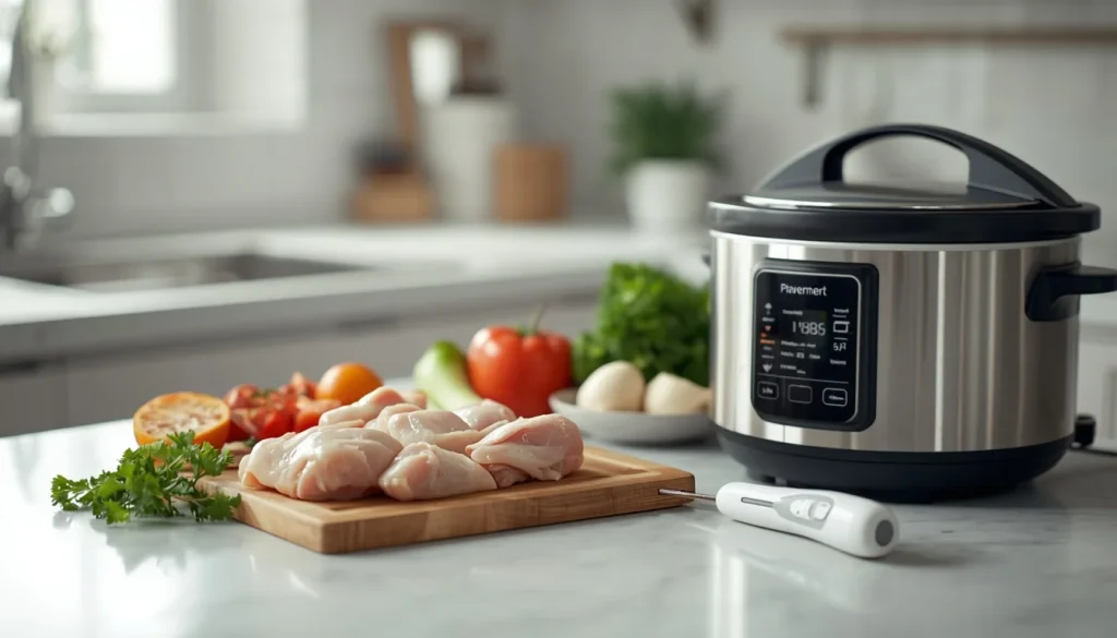 Thawed ingredients arranged safely beside a crock pot