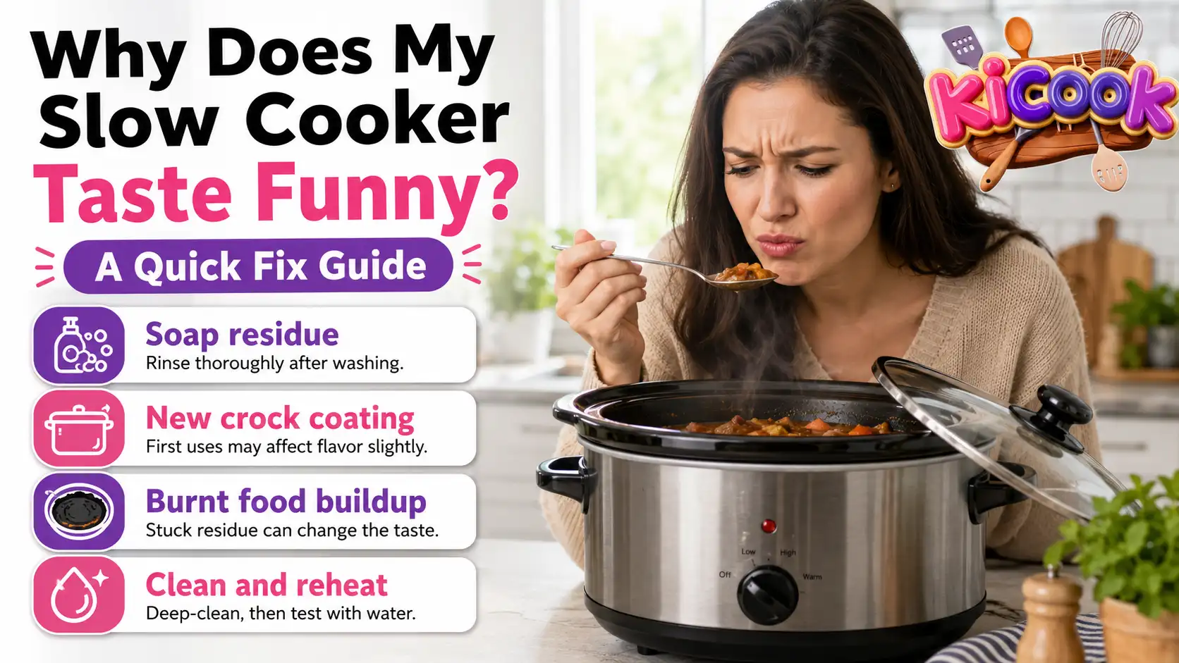 Woman tasting food from a slow cooker with a concerned expression beside an infographic about why slow cooker food tastes funny and quick fixes.