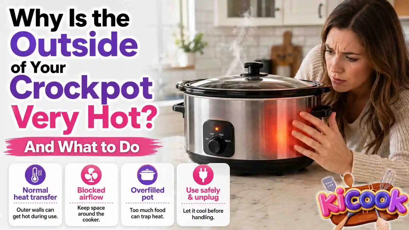 Woman checking a very hot crockpot exterior in a kitchen with safety tips for heat transfer, blocked airflow, overfilling, and safe handling.