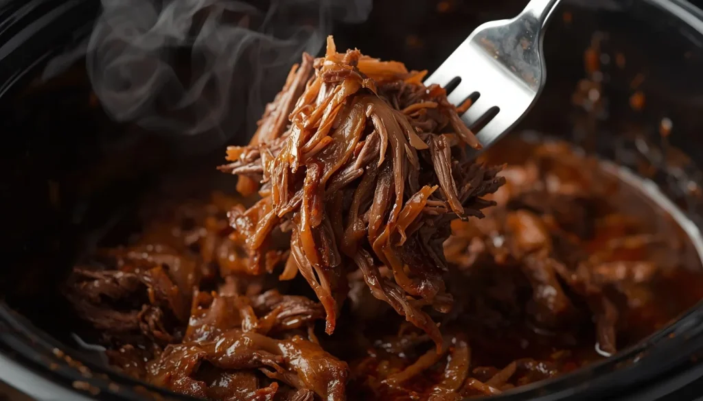 beef roast being lifted from a crock pot