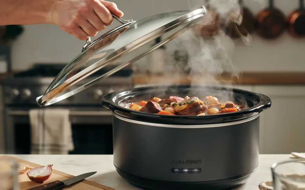 chef lifting the lid of a premium slow cooker