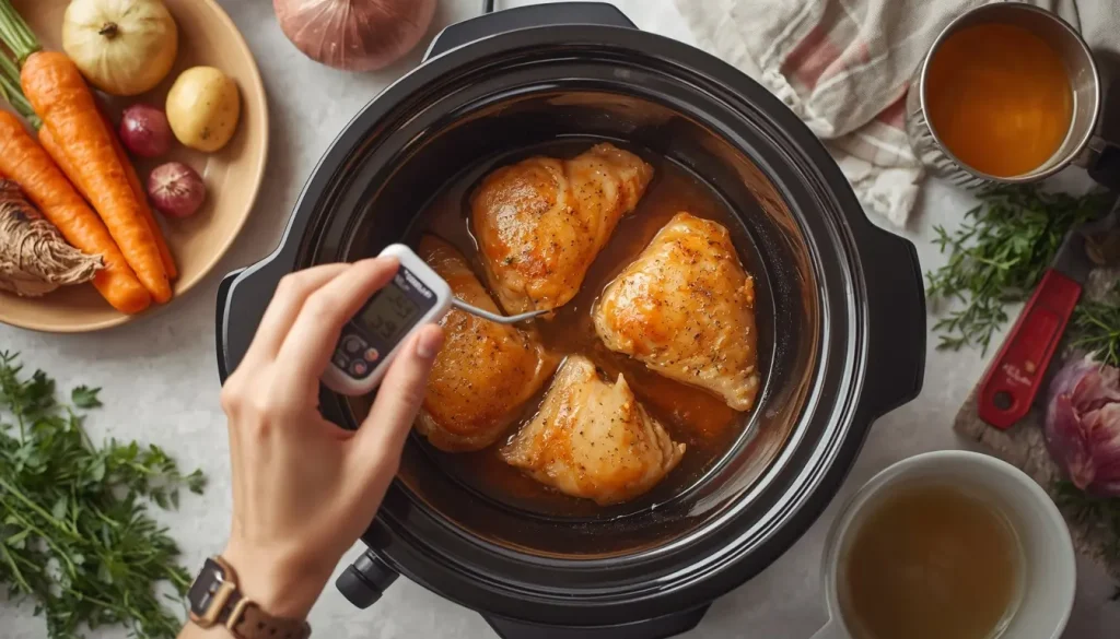 home cook checking chicken thighs in a slow cooker with a digital thermometer