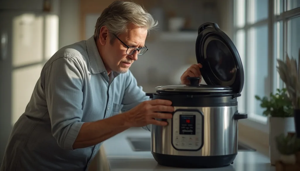 modern kitchen, homeowner inspecting a slow cooker with stoneware removed