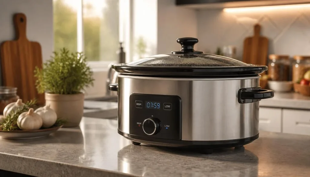 modern kitchen with a stainless steel crock pot