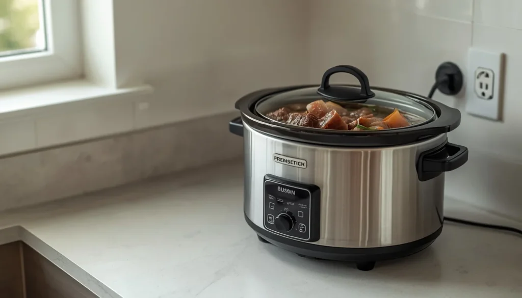 slow cooker filled with beef stew