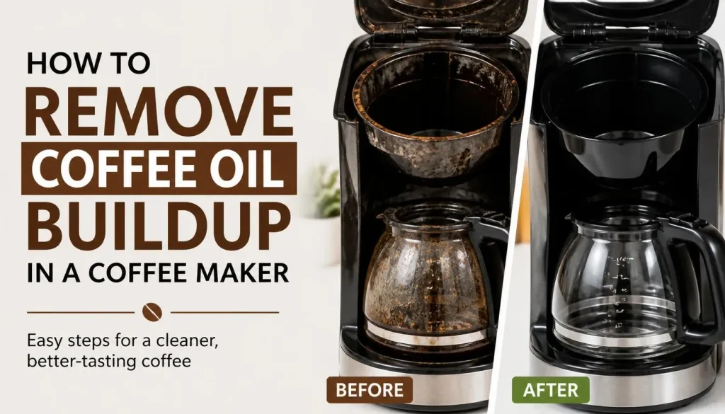 Generate a realistic Blog thumbnail on How to Remove Coffee Oil Buildup in a Coffee Maker